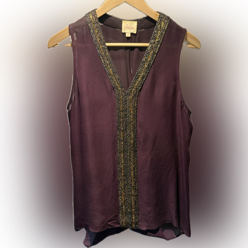 PARKER HAND-EMBELLISHED SILK TOP - SIZE SMALL